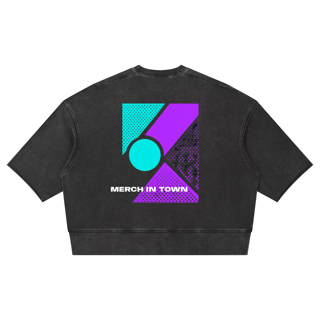 Merch in Town Mineral Wash Boxy Raw Edge T-Shirt in Black on a white background, back view.