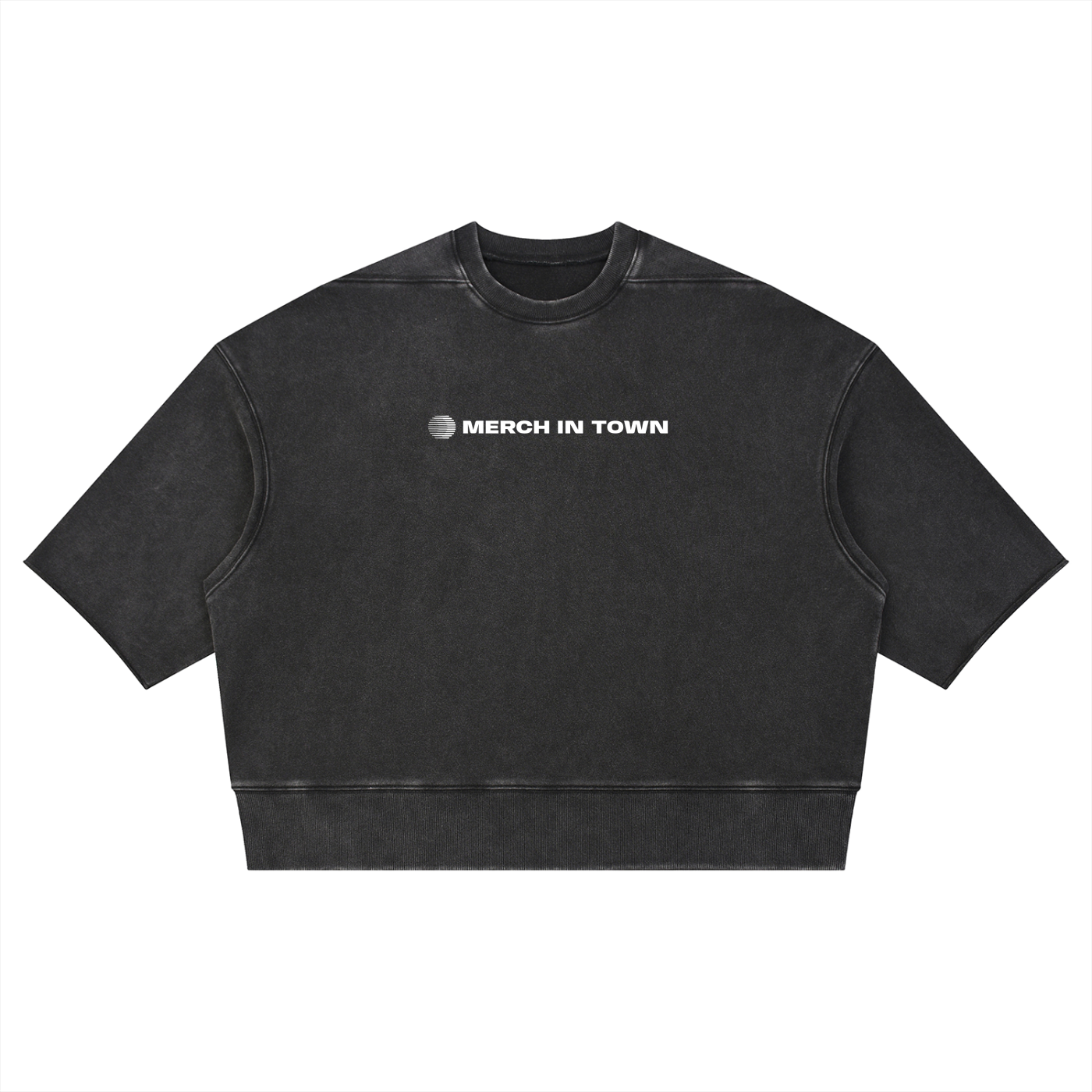 Merch in Town Mineral Wash Boxy Raw Edge T-Shirt in Black on a white background, front view.
