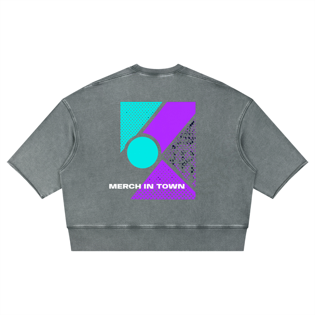 Merch in Town Mineral Wash Boxy Raw Edge T-Shirt in Gray Blue on a white background, back view.