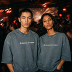 Merch in Town Mineral Wash Boxy Raw Edge T-Shirt in Gray Blue, two-model lifestyle shot