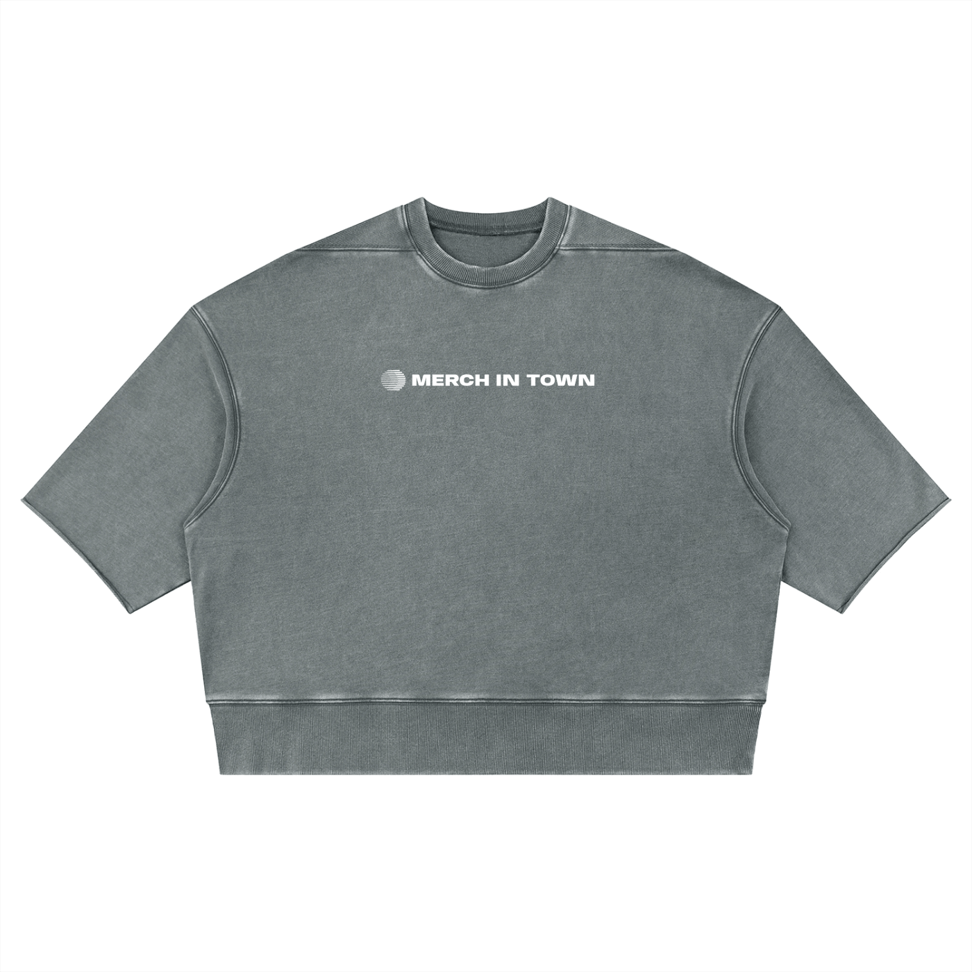 Merch in Town Mineral Wash Boxy Raw Edge T-Shirt in Gray Blue on a white background, front view.