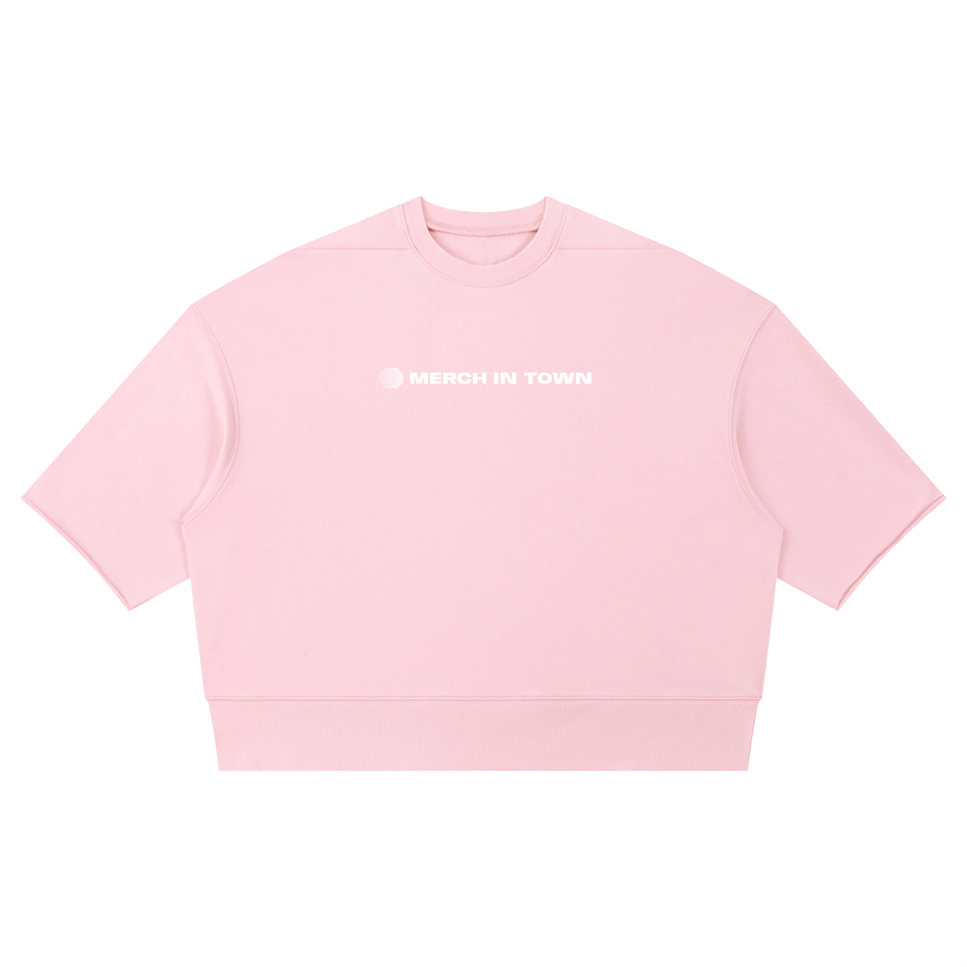 Merch in Town Mineral Wash Boxy Raw Edge T-Shirt in Pink on a white background, front view.