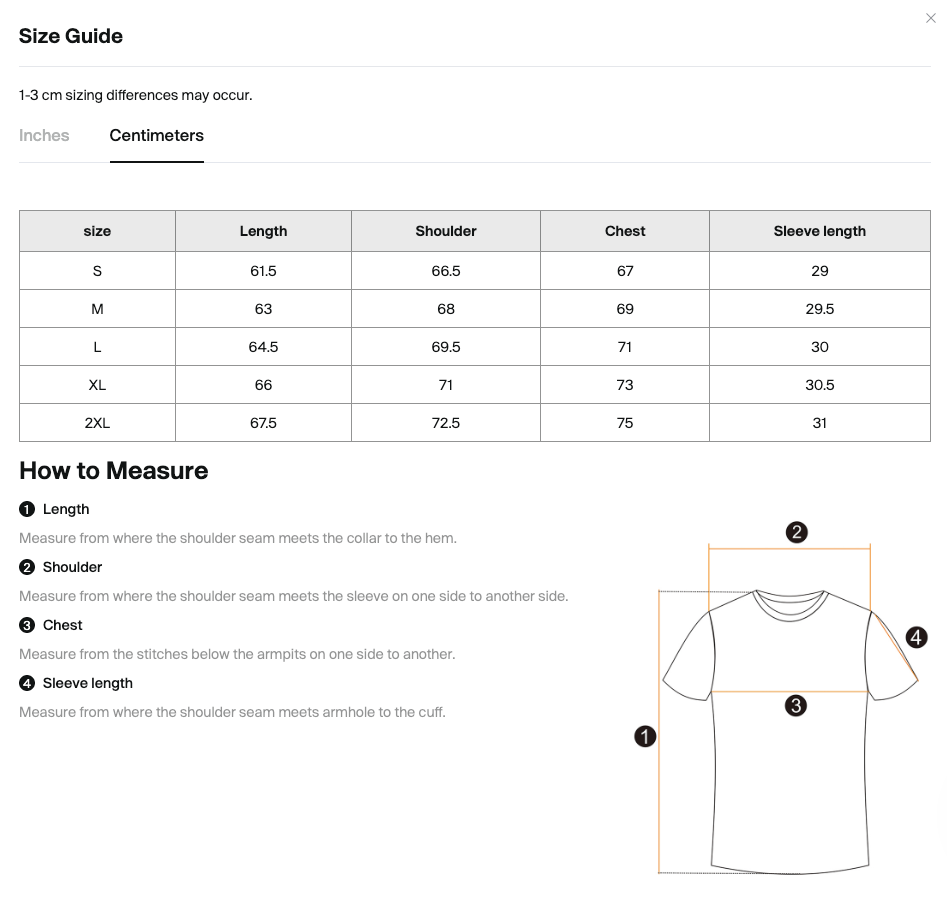 Size chart for the Merch in Town Mineral Wash Boxy Raw Edge T-Shirt with measurements in centimeters.