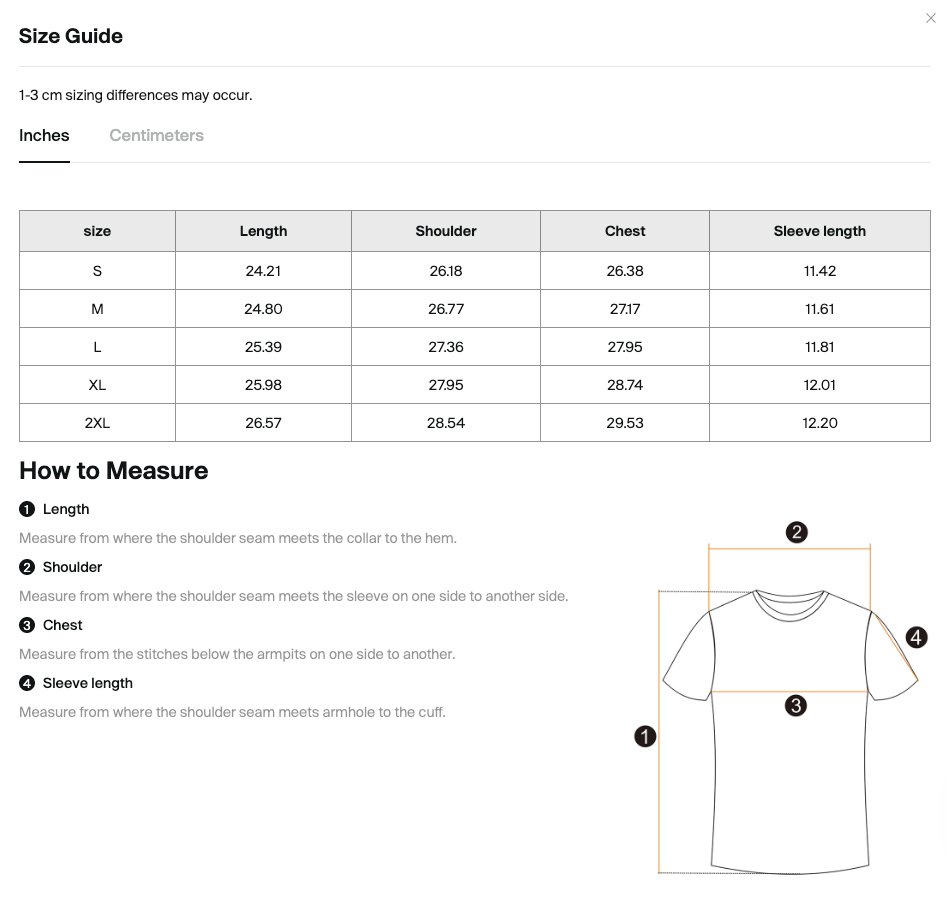 Size chart for the Merch in Town Mineral Wash Boxy Raw Edge T-Shirt with measurements in inches.