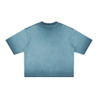 Merch in Town Reverse Dyed Boxy T-Shirt in Gray Blue on a white background, back view.