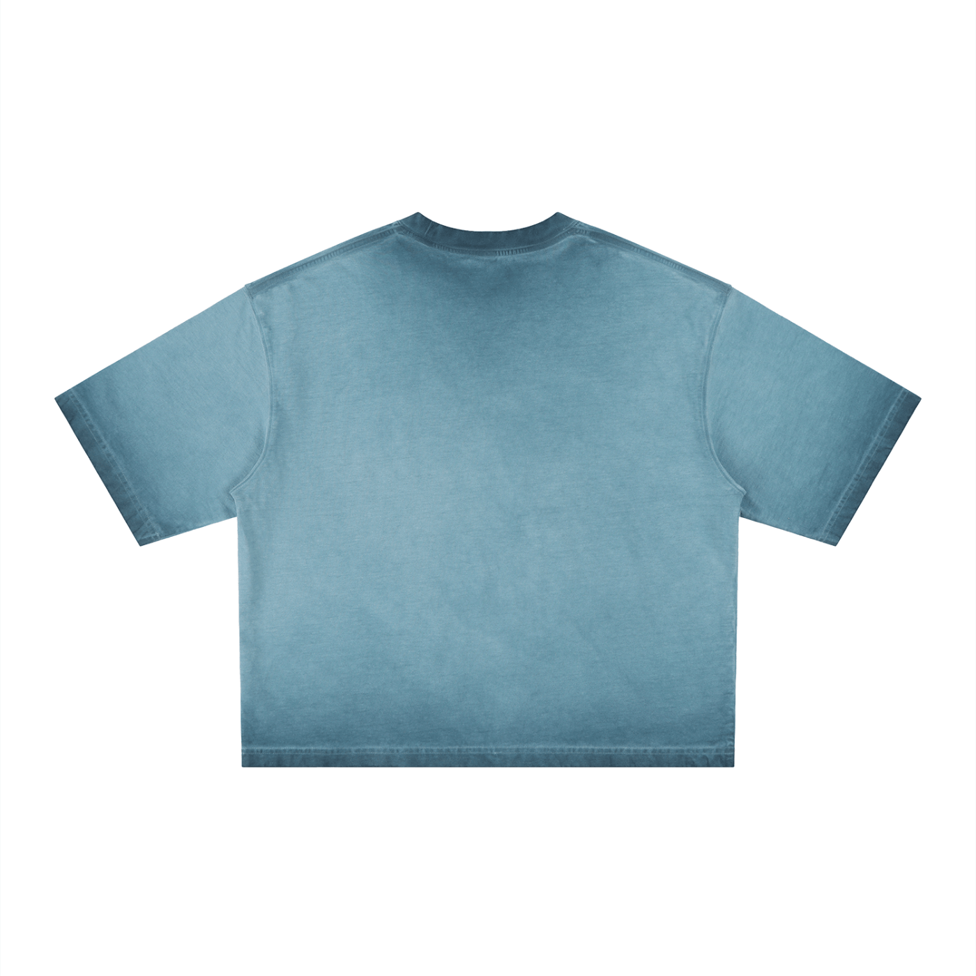 Merch in Town Reverse Dyed Boxy T-Shirt in Gray Blue on a white background, back view.