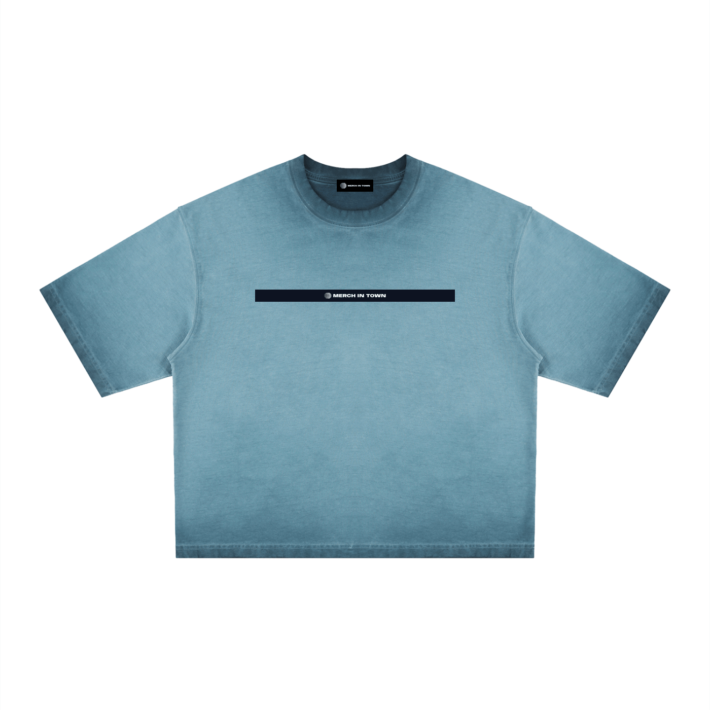 Merch in Town Reverse Dyed Boxy T-Shirt in Gray Blue on a white background, front view.