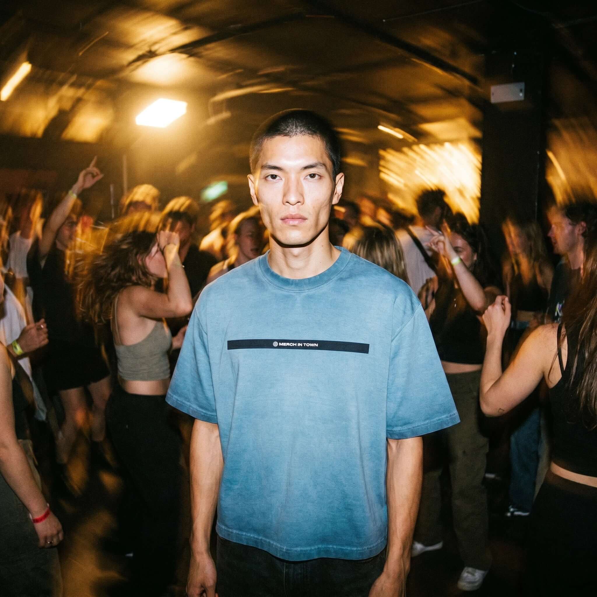 Merch in Town Reverse Dyed Boxy T-Shirt in Gray Blue, front lifestyle shot