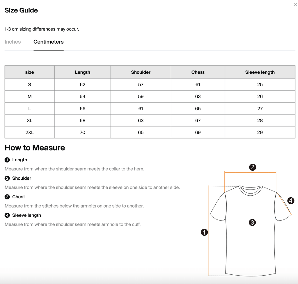 Size chart for the Merch in Town Reverse Dyed Boxy T-Shirt with measurements in centimeters.