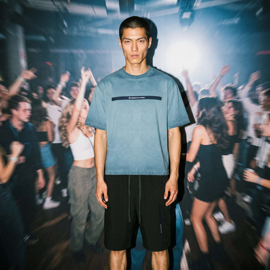 Merch in Town Drawstring Cargo Shorts in Black, lifestyle shot