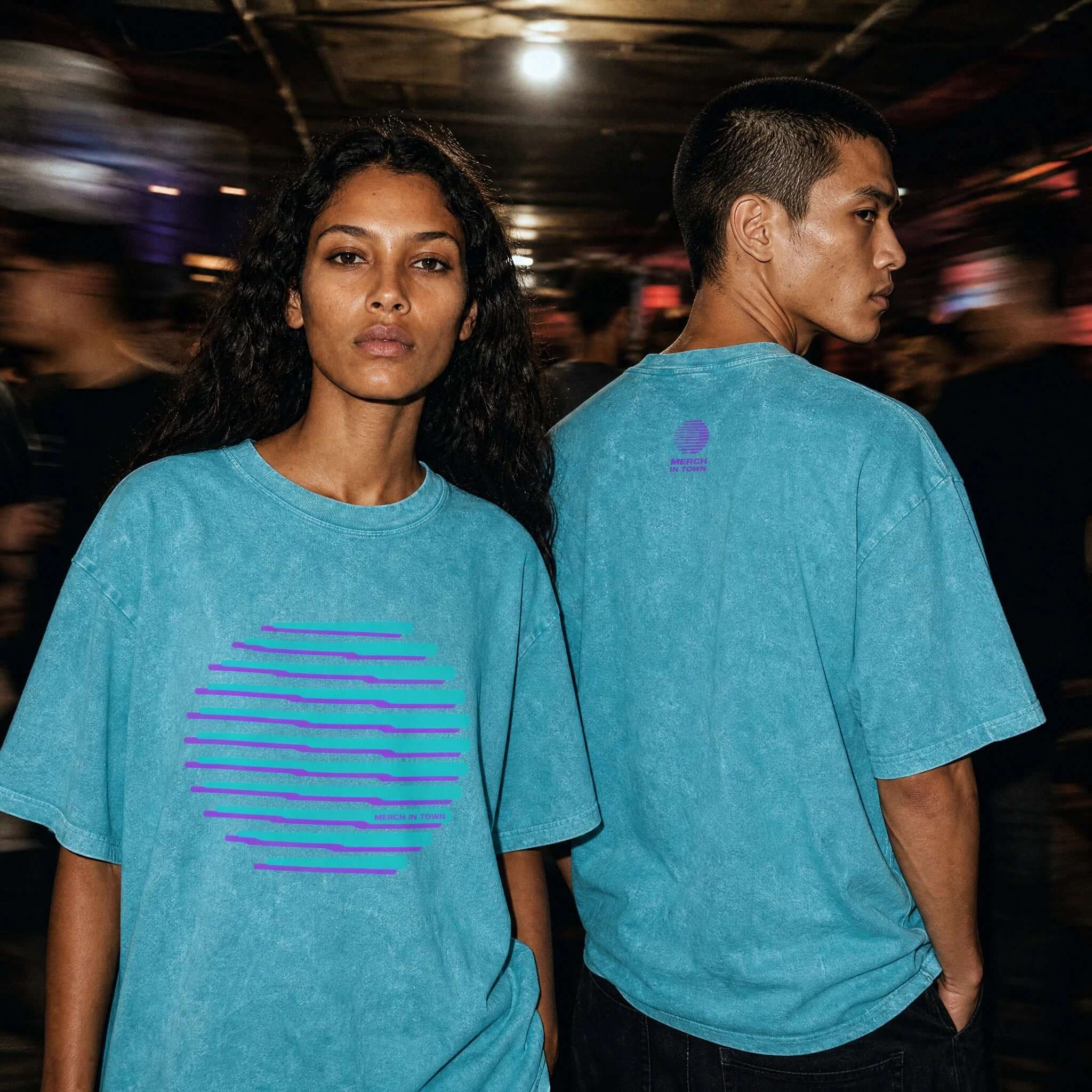 Merch in Town Heavyweight Snow Washed T-Shirt in Sky Blue, front lifestyle shot