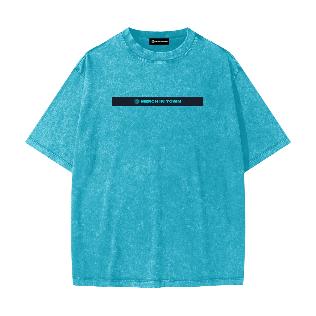 Merch in Town Heavyweight Snow Washed T-Shirt with Signature Stripe in Sky Blue on a white background, front view.