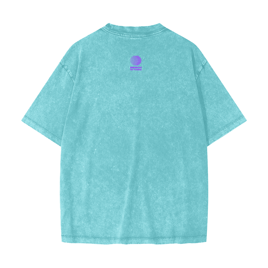 Merch in Town Heavyweight Snow Washed T-Shirt with Vintage Aesthetic in Acid Blue on a white background, back view.