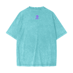 Merch in Town Heavyweight Snow Washed T-Shirt with Vintage Aesthetic in Acid Blue on a white background, back view.