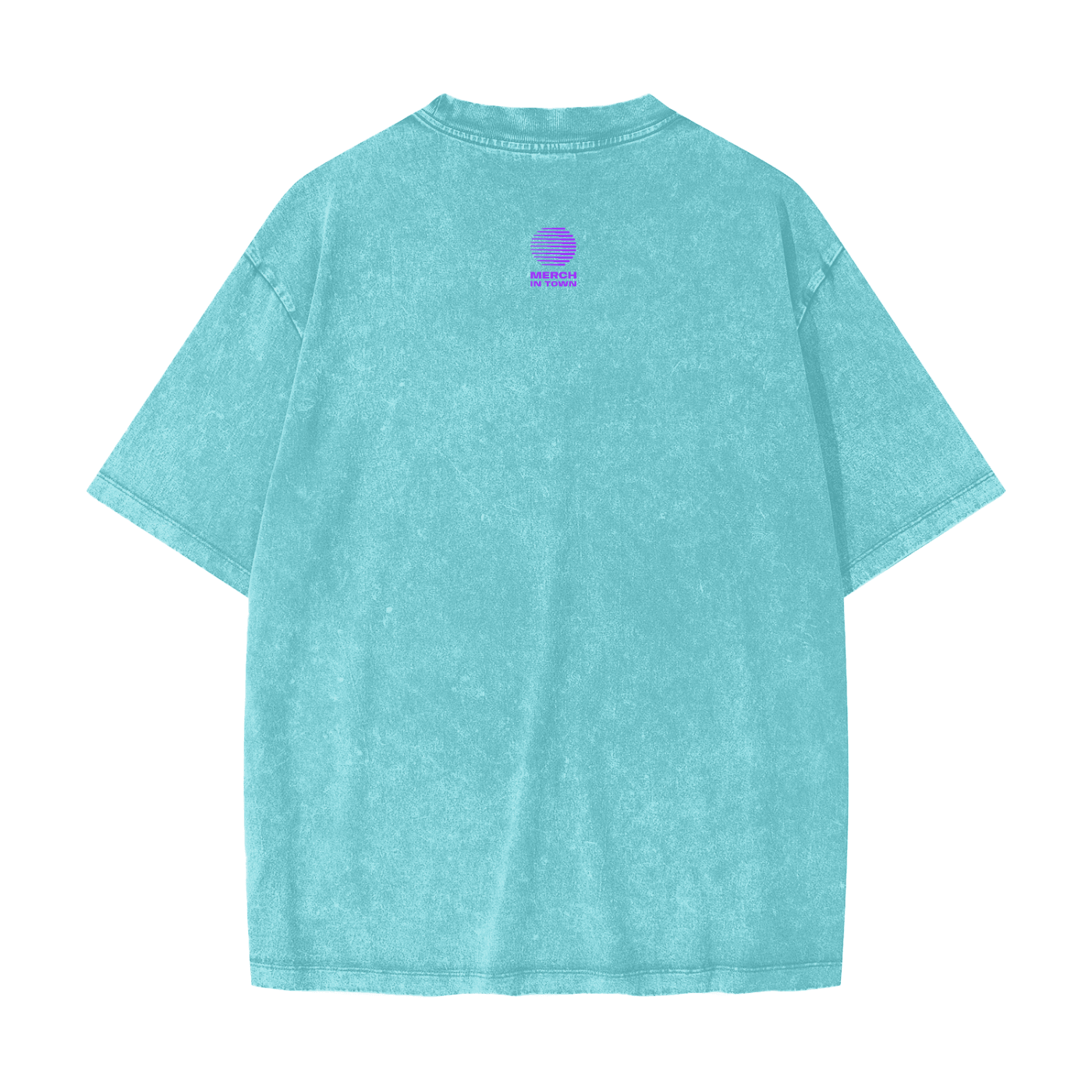 Merch in Town Heavyweight Snow Washed T-Shirt with Vintage Aesthetic in Acid Blue on a white background, back view.