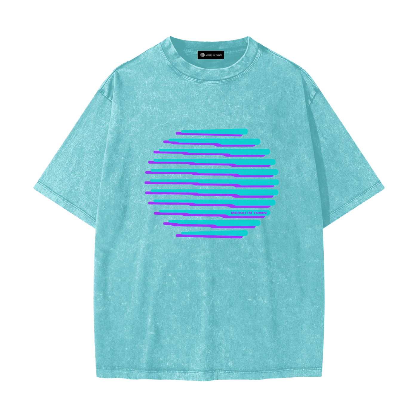 Merch in Town Heavyweight Snow Washed T-Shirt with Vintage Aesthetic in Acid Blue on a white background, front view.