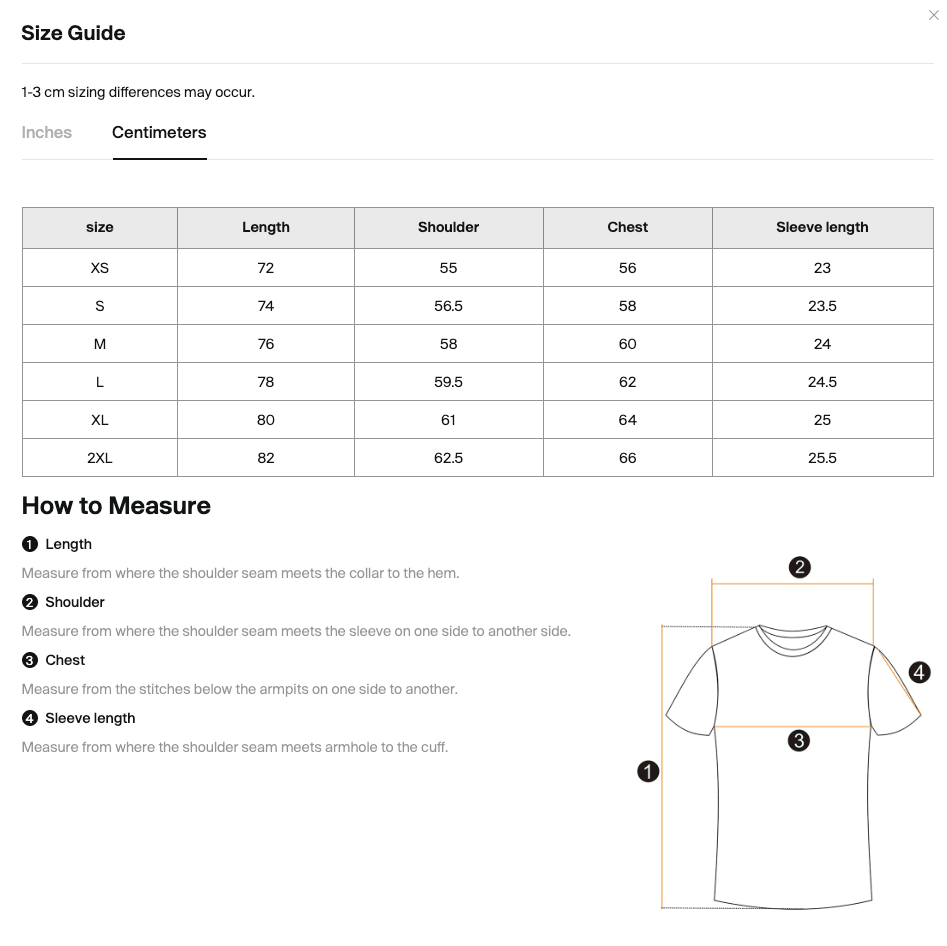 Size chart for the Merch in Town Heavyweight Snow Washed Vintage Aesthetic T-Shirt with measurements in centimeters.