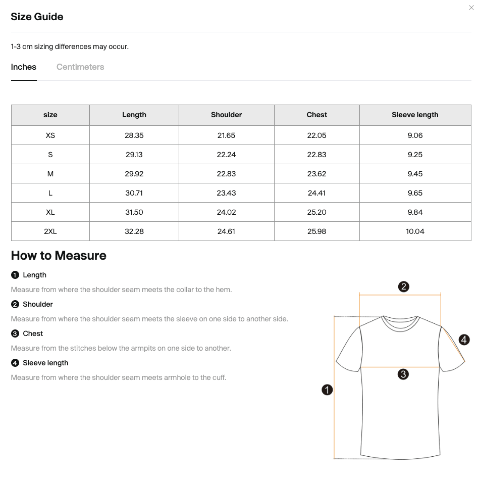 Size chart for the Merch in Town Heavyweight Snow Washed Vintage Aesthetic T-Shirt with measurements in inches.
