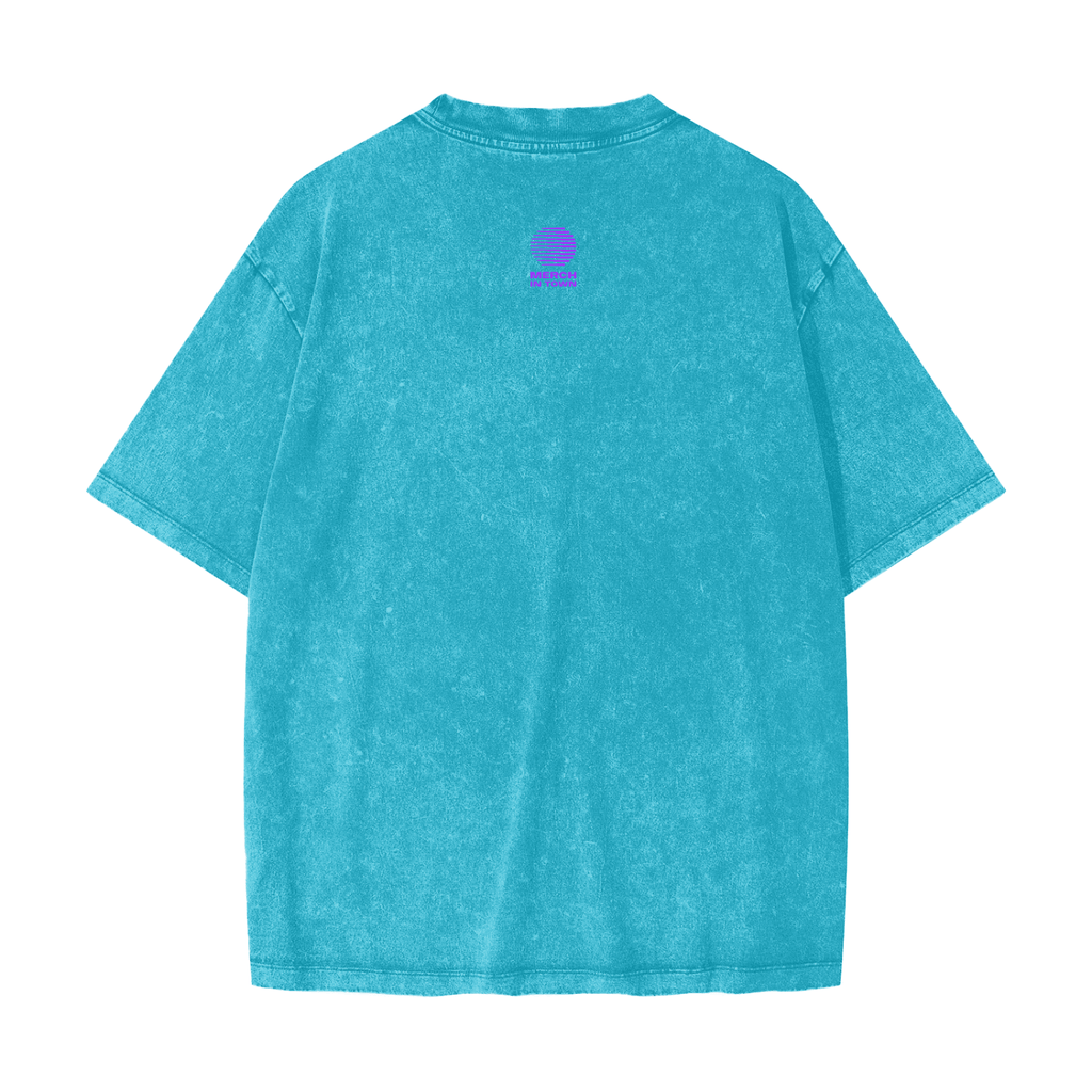 Merch in Town Heavyweight Snow Washed T-Shirt with Vintage Aesthetic in Sky Blue on a white background, back view.
