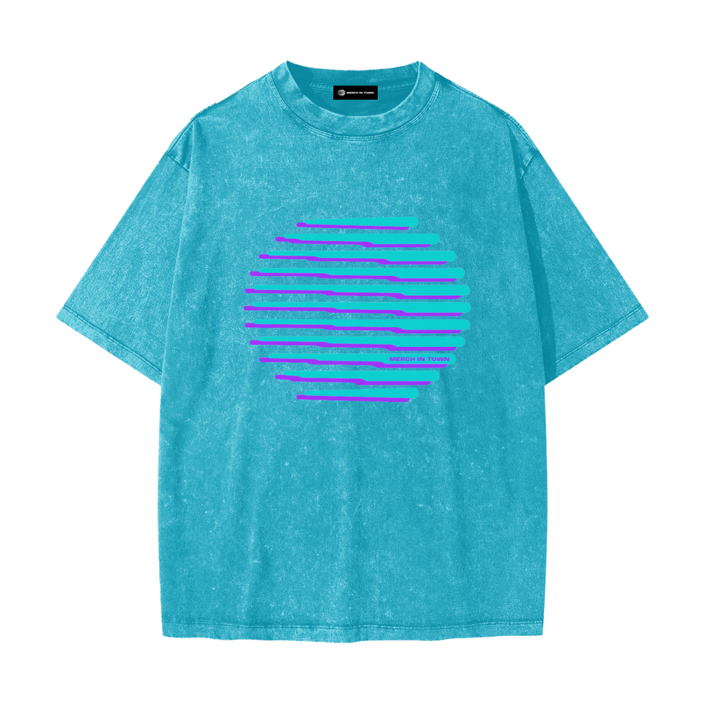 Merch in Town Heavyweight Snow Washed T-Shirt with Vintage Aesthetic in Sky Blue on a white background, front view.