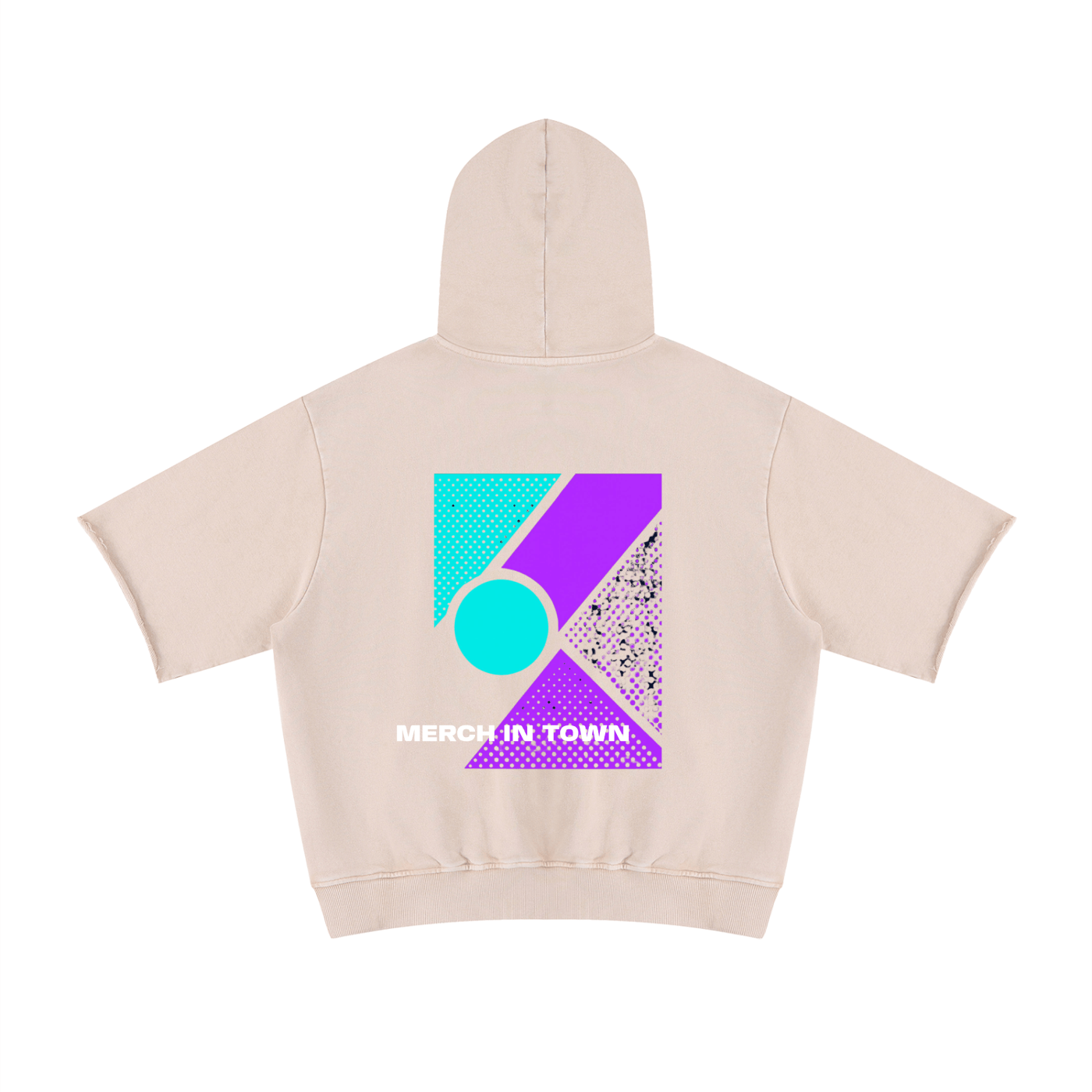 Merch in Town Mineral Wash Short Sleeve Hoodie in Apricot on a white background, back view.
