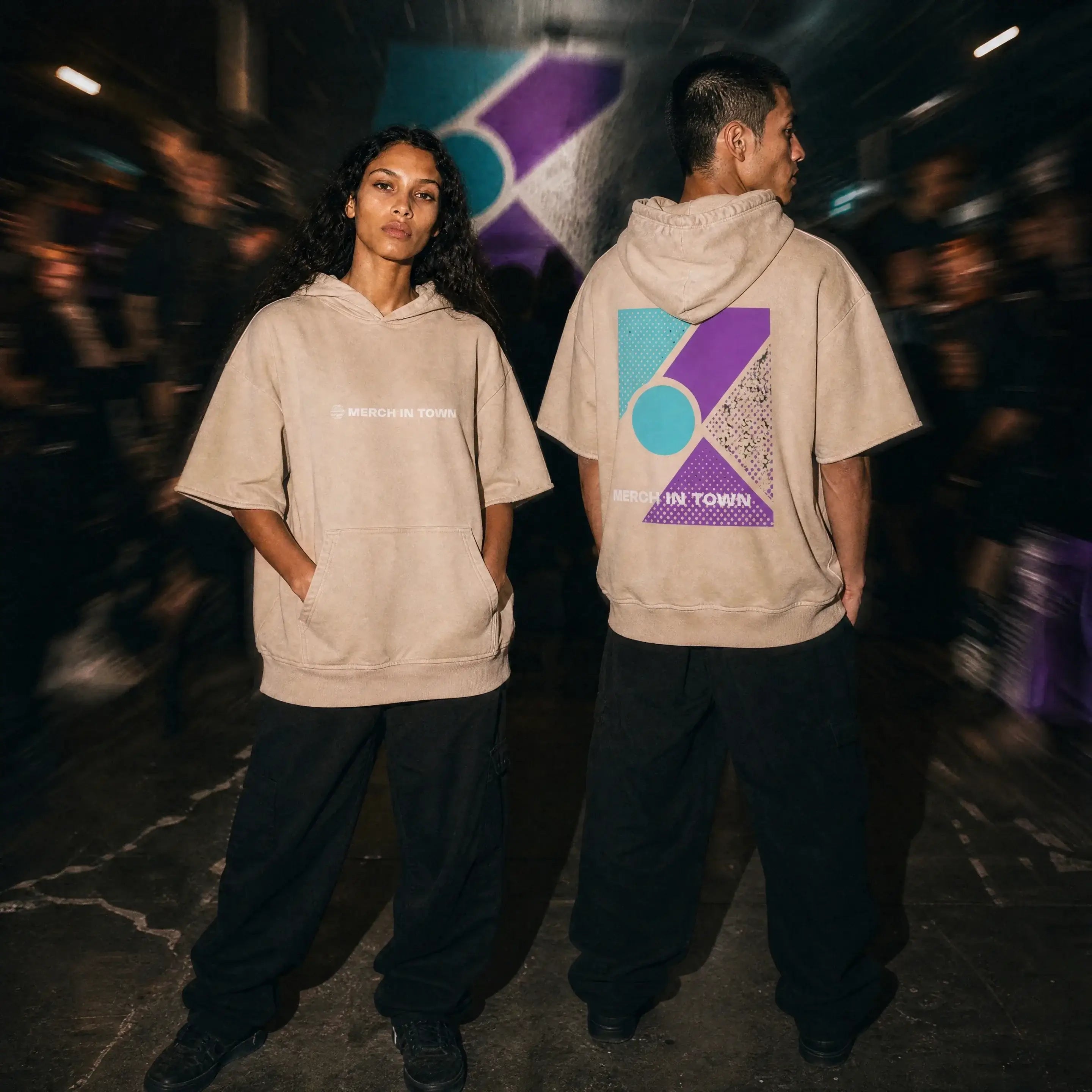 Merch in Town Mineral Wash Short Sleeve Hoodie in Apricot, two-model lifestyle shot