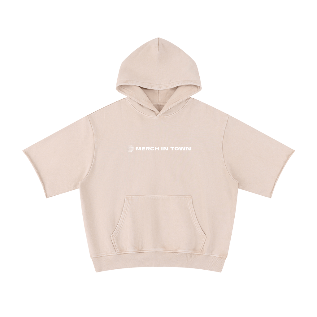 Merch in Town Mineral Wash Short Sleeve Hoodie in Apricot on a white background, front view.