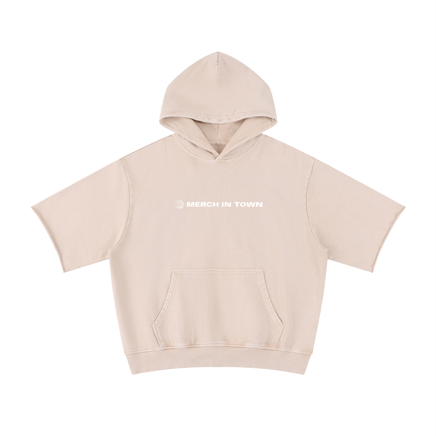 Merch in Town Mineral Wash Short Sleeve Hoodie in Apricot on a white background, front view.