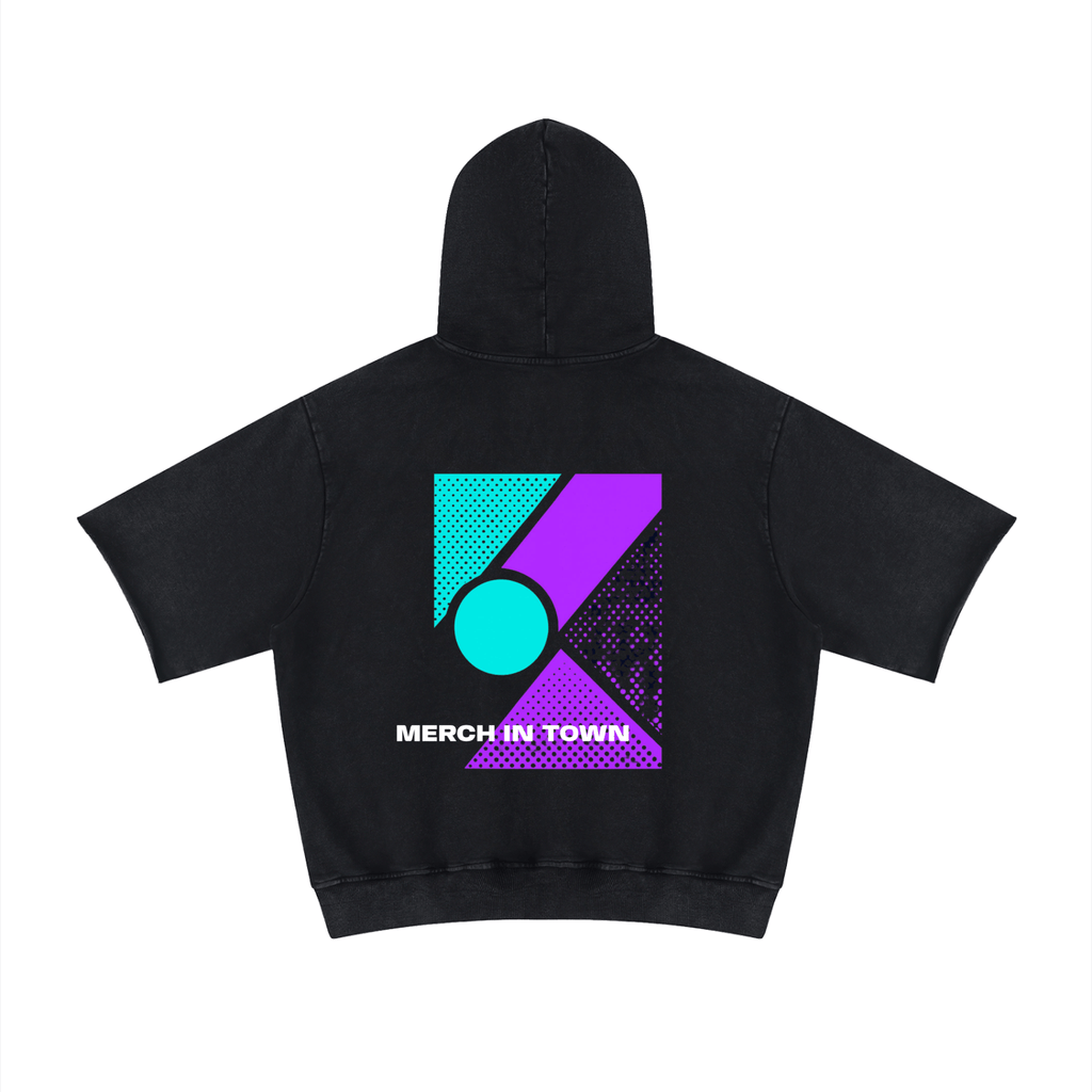 Merch in Town Mineral Wash Short Sleeve Hoodie in Black on a white background, back view.