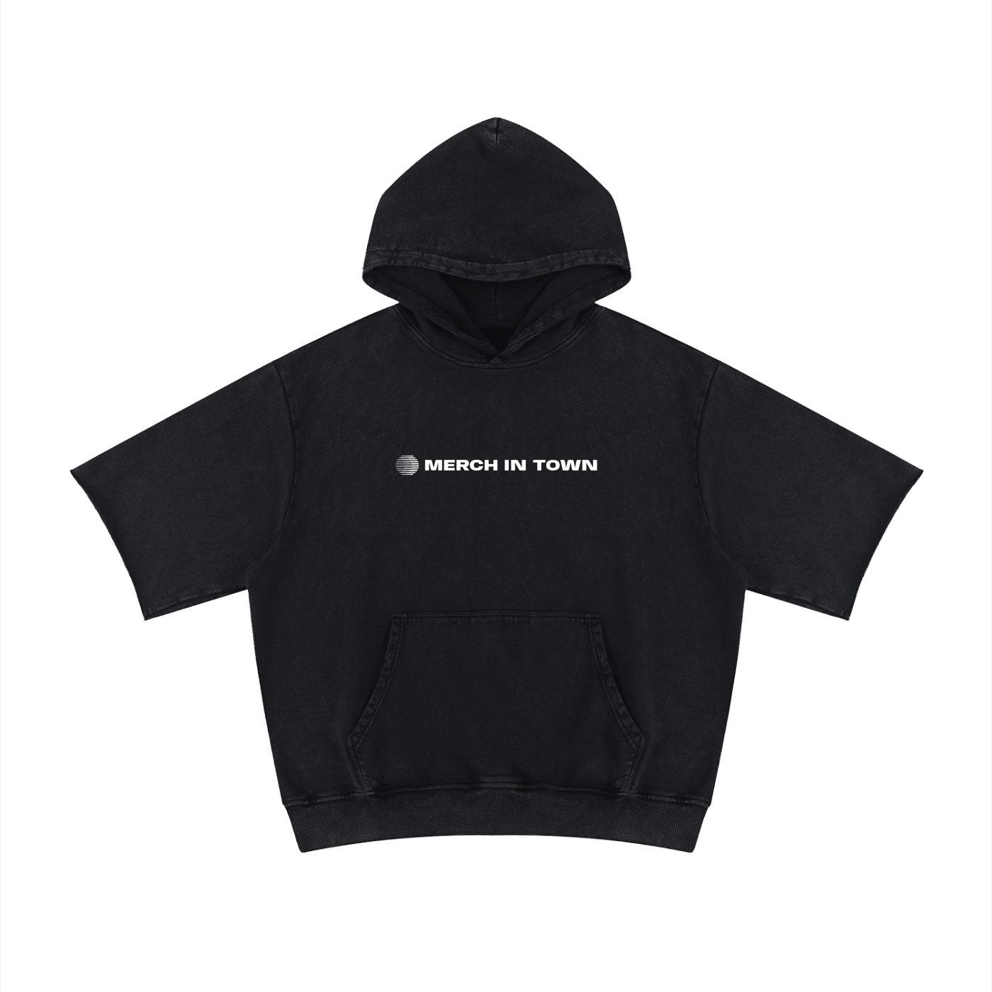 Merch in Town Mineral Wash Short Sleeve Hoodie in Black on a white background, front view.