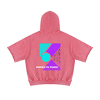 Merch in Town Mineral Wash Short Sleeve Hoodie in Rose Pink on a white background, back view.