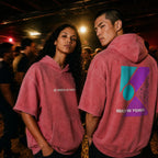 Merch in Town Mineral Wash Short Sleeve Hoodie in Rose Pink, two-model lifestyle shot