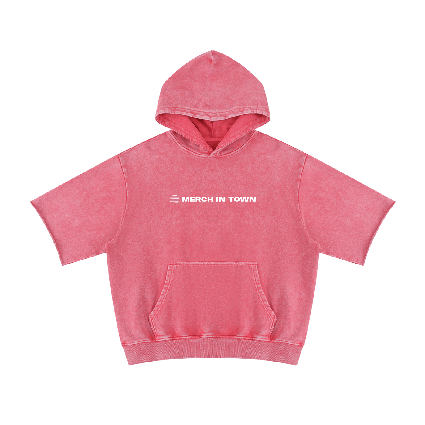 Merch in Town Mineral Wash Short Sleeve Hoodie in Rose Pink on a white background, front view.