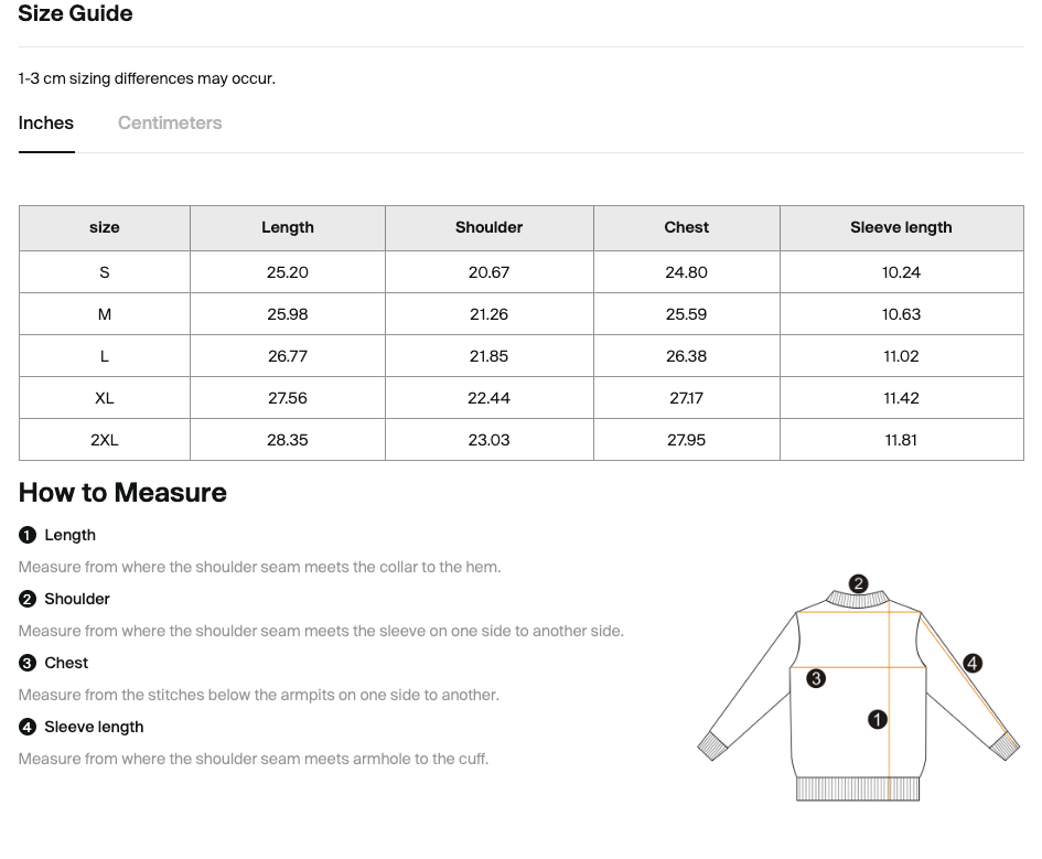 Size chart for the Merch in Town Mineral Wash Short Sleeve Hoodie with measurements in centimeters.