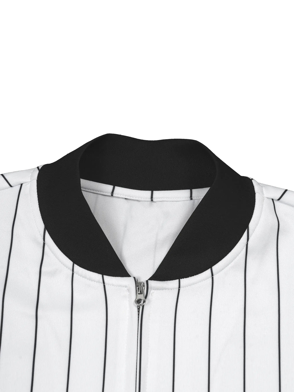 Close-up of the black zip collar on the Merch in Town Striped Full-Zip Baseball Jersey.