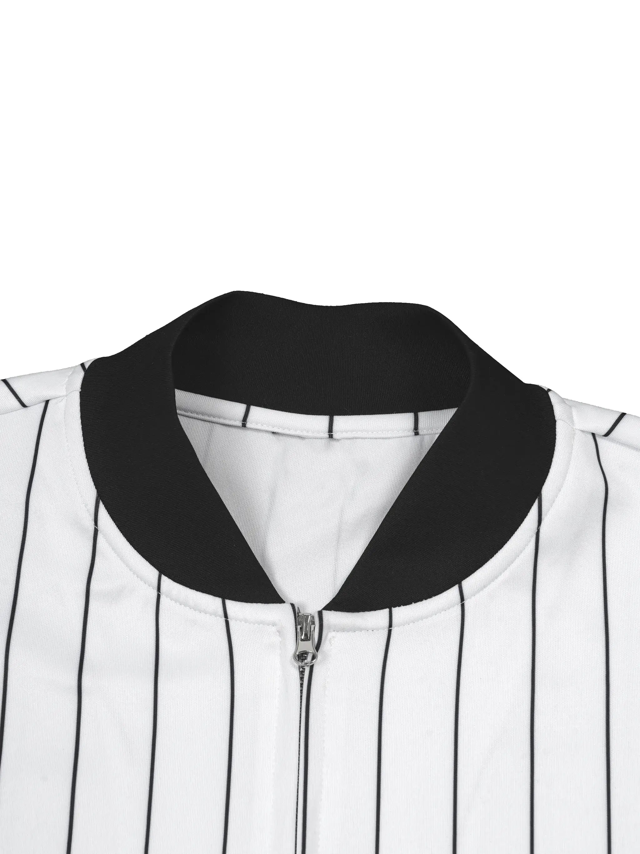 Close-up of the black zip collar on the Merch in Town Striped Full-Zip Baseball Jersey.
