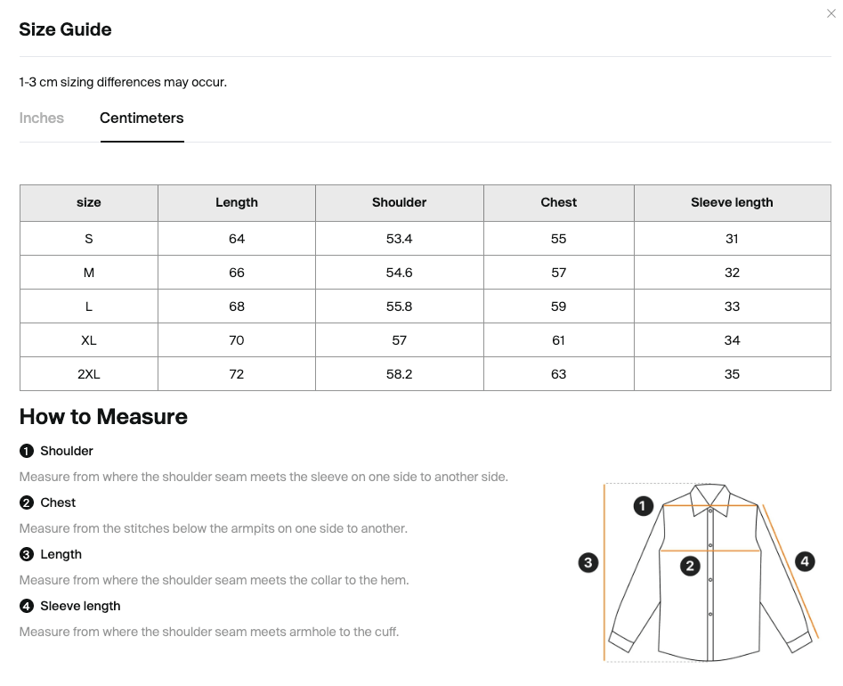 Size chart for the Merch in Town Striped Full-Zip Baseball Jersey with measurements in centimeters.