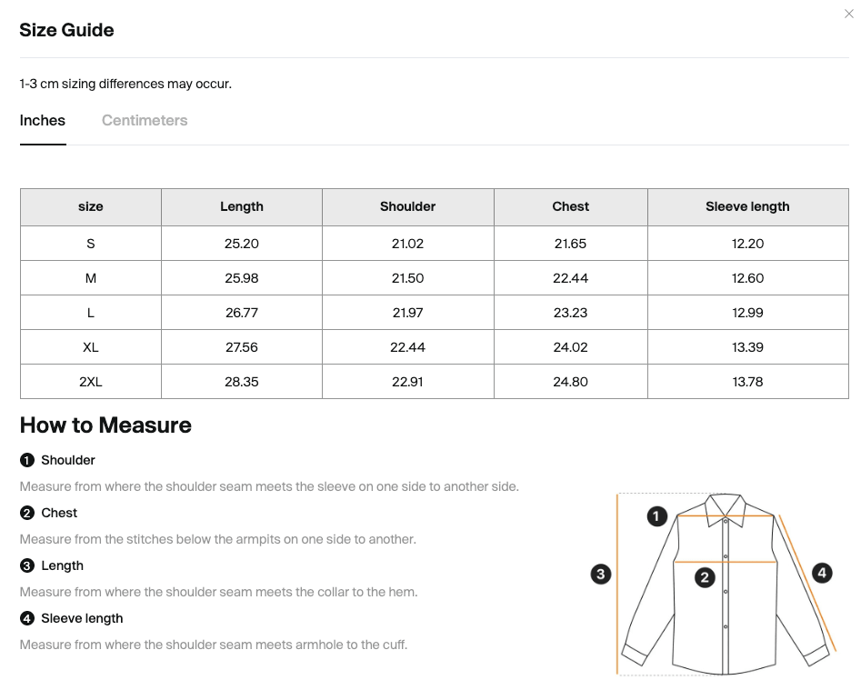 Size chart for the Merch in Town Striped Full-Zip Baseball Jersey with measurements in inches.