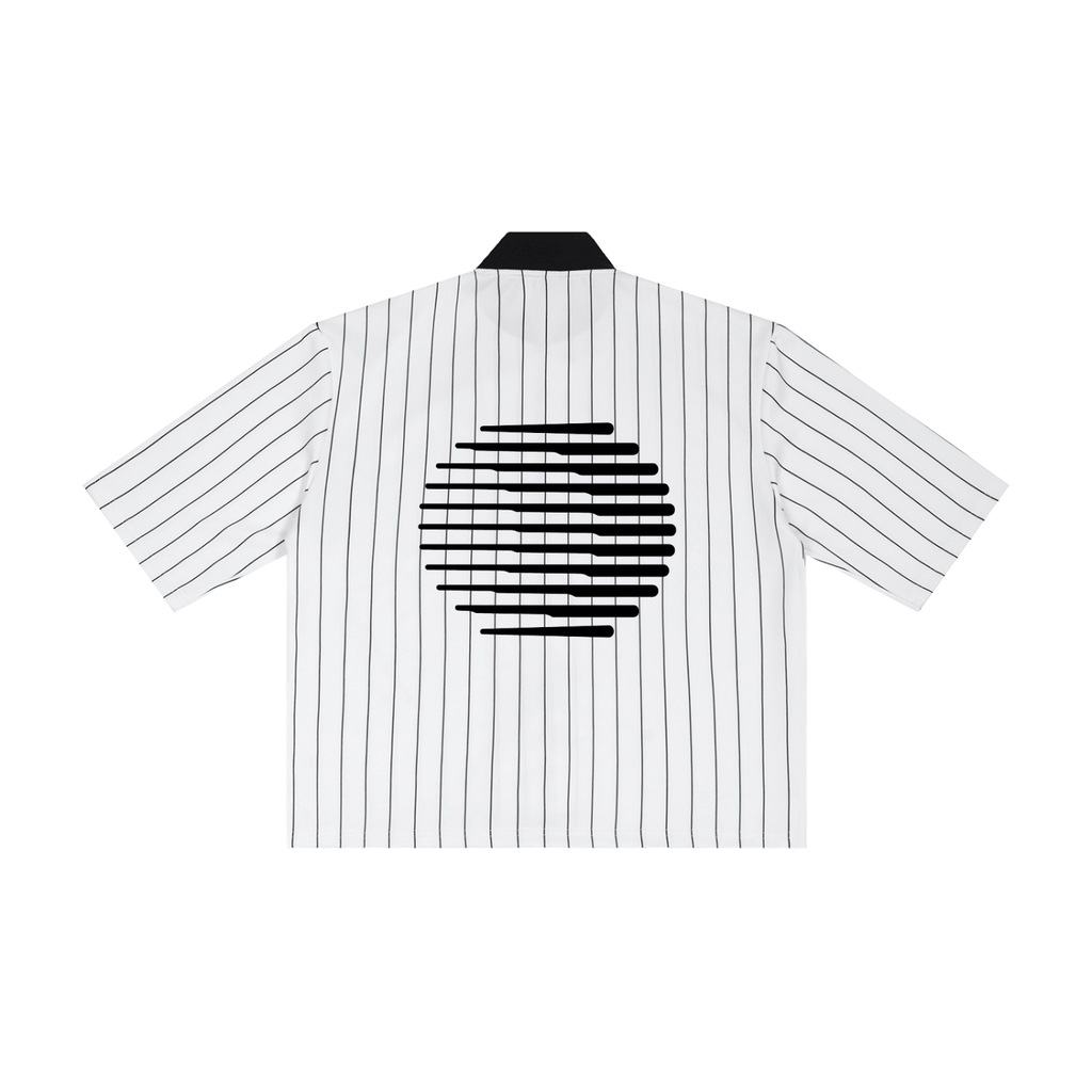 Merch in Town Striped Full-Zip Baseball Jersey in White on a white background, back view.