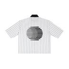 Merch in Town Striped Full-Zip Baseball Jersey in White on a white background, back view.