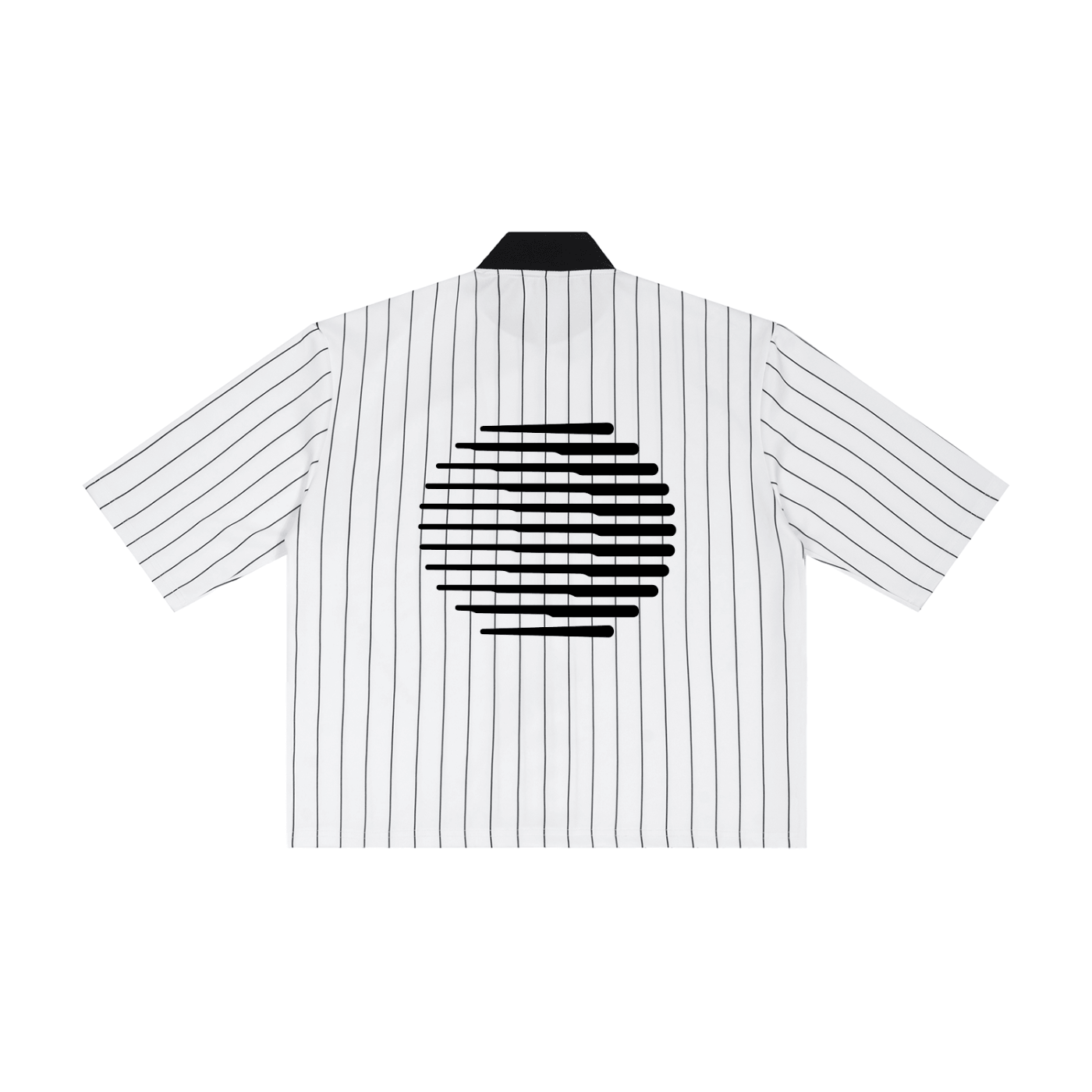 Merch in Town Striped Full-Zip Baseball Jersey in White on a white background, back view.