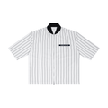 Merch in Town Striped Full-Zip Baseball Jersey in White on a white background, front view.