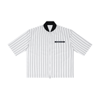 Merch in Town Striped Full-Zip Baseball Jersey in White on a white background, front view.