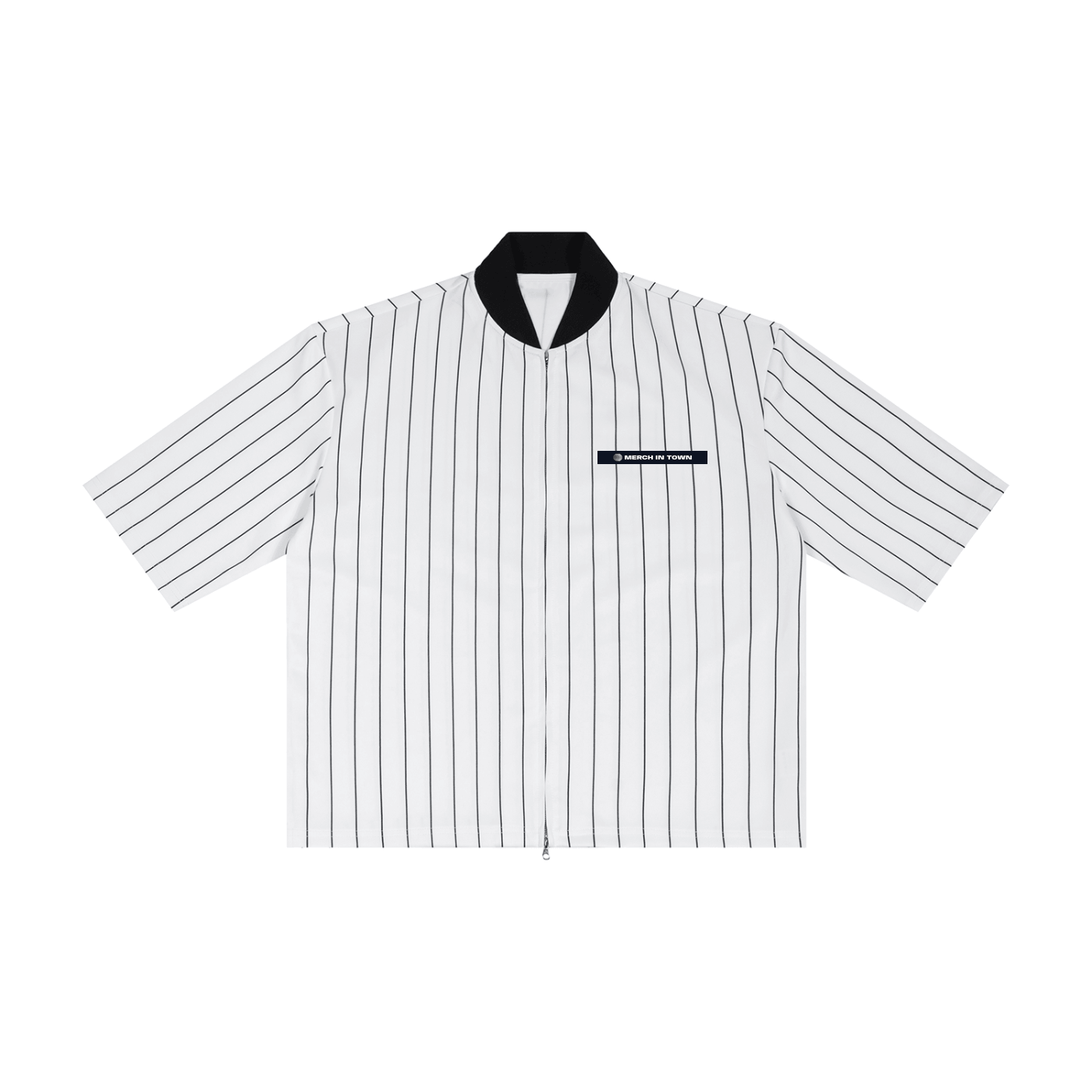 Merch in Town Striped Full-Zip Baseball Jersey in White on a white background, front view.