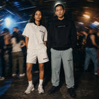 Merch in Town Lightweight Tapered Track Pants in Gray Blue, lifestyle shot