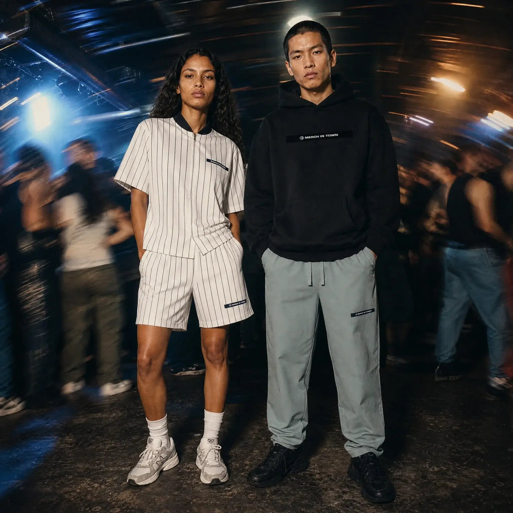 Merch in Town Striped Loose Fit Shorts in White, two-model lifestyle shot