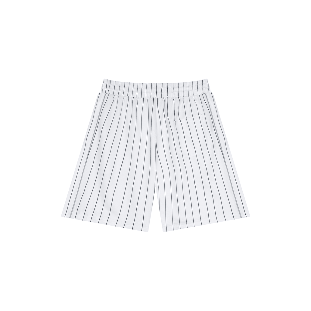 Merch in Town Striped Loose Fit Shorts in White on a white background, back view.