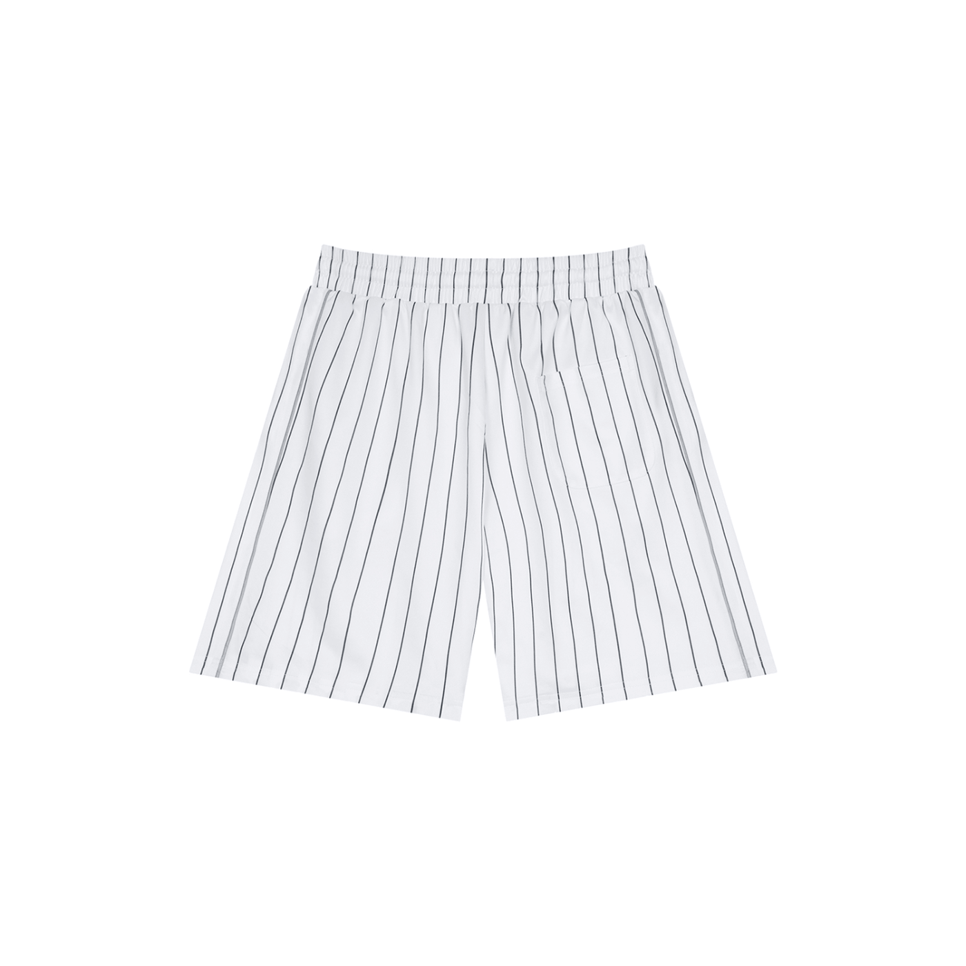Merch in Town Striped Loose Fit Shorts in White on a white background, back view.