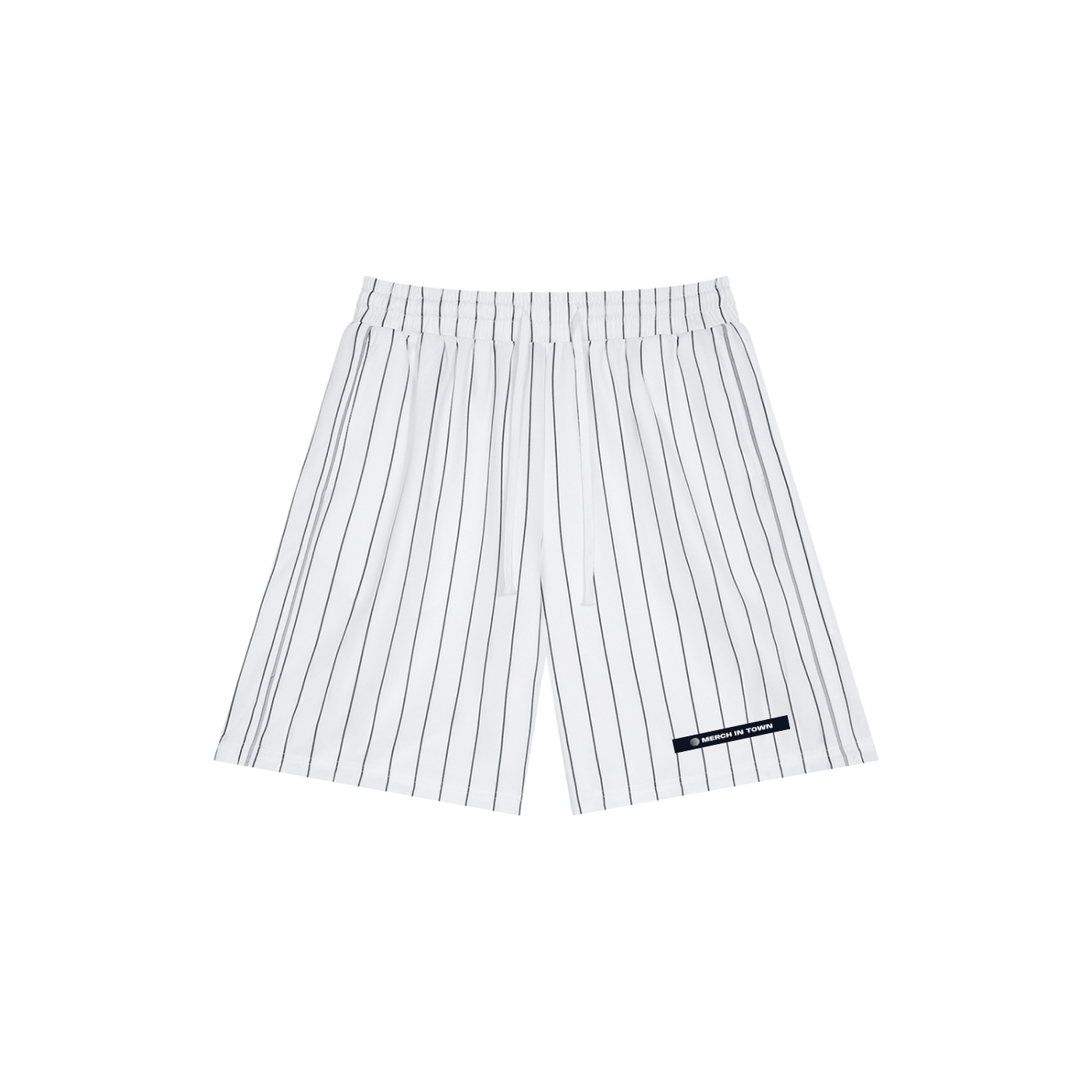 Merch in Town Striped Loose Fit Shorts in White on a white background, front view.