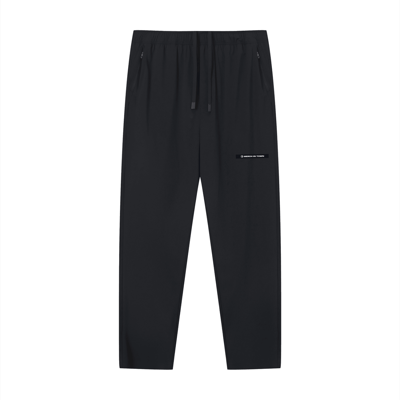 Merch in Town Lightweight Tapered Track Pants in Black on a white background, front view.
